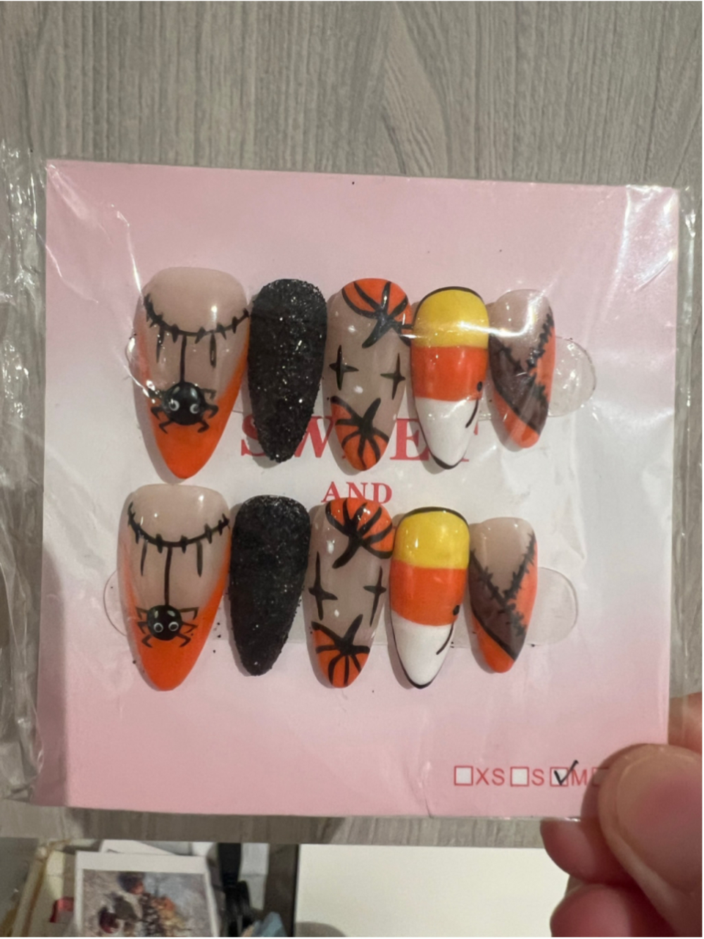 Hand painted Halloween Candy Corn Pumpkin Spider Press On Nails Stiletto S